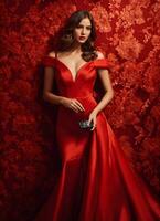 ai généré portrait de une jolie brunette femme dans rouge robe avec une téléphone sur une rouge Contexte photo
