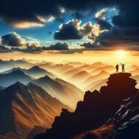 ai généré silhouette de deux randonneurs avec bras élevé célébrer Succès sur Montagne Haut dans panoramique Montagne photo