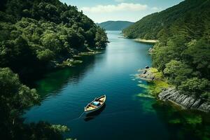 ai généré aérien vue de Montagne rivière gens rafting dans ruisseau. extrême vitalité photo