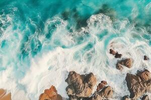 ai généré aérien vue de route, rocheux mer côte avec vagues et des pierres à le coucher du soleil paysage avec magnifique route, transparent bleu eau, rochers. Haut vue de drone de Autoroute dans été photo