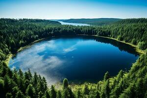 ai généré un presque parfait circulaire Lac coup tout droit vers le bas de le air ressemble le Terre entouré par une pin forêt photo