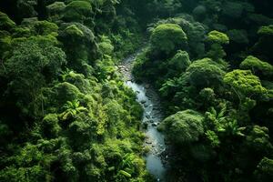 ai généré drone aérien des oiseaux œil vue de une grand vert herbe forêt avec grand des arbres et une gros bleu bendy rivière écoulement par le forêt photo