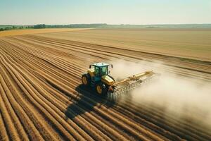 ai généré moissonneuse machine travail dans champ . combiner moissonneuse agriculture machine récolte d'or mûr blé champ. agriculture. aérien voir. de au-dessus de. photo