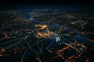 ai généré illuminé Port ville à nuit. aérien vue sur rivière foncé ciel. vif nuit vie. photo
