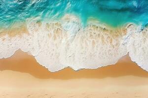 ai généré Haut vue aérien image de drone de un étourdissant magnifique mer paysage plage avec turquoise l'eau avec copie espace photo