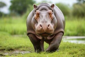 ai généré hippopotame en marchant dans une vert champ. ai généré photo