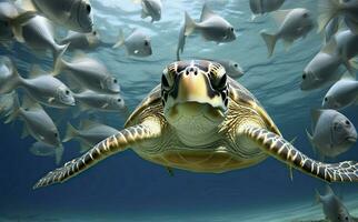 ai généré tortue fermer avec école de poisson. ai généré photo