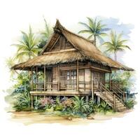 ai généré une aquarellé brillant serein image de une traditionnel Bahay Kubo. ai généré photo