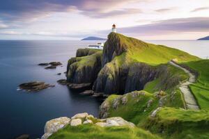 ai généré Skye île nid point phare dans montagnes. ai généré photo