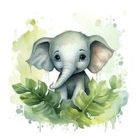 ai généré content mignonne bébé l'éléphant dans vert feuilles dans le aquarelle style. ai généré photo