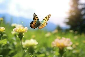 ai généré papillon en volant plus de le prairie. ai généré photo