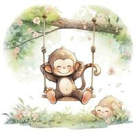 ai généré mignonne content bébé singe sur oscillations sur une arbre dans aquarelle. ai généré photo