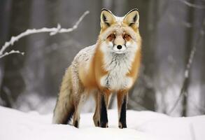 ai généré rouge Renard permanent sur neige. ai généré. photo