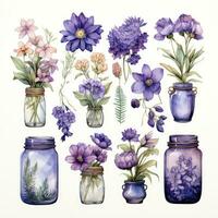 ai généré collection de aquarelle le maçon pots avec violet fleurs clipart. ai généré photo