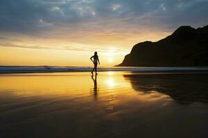 ai généré une la personne en marchant sur le plage à le coucher du soleil. ai généré. photo