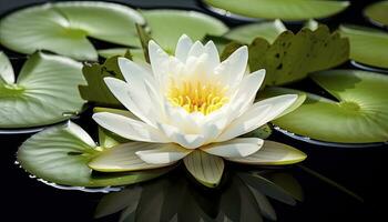 ai généré blanc l'eau lis. blanc lotus avec feuilles sur foncé étang. ai généré photo