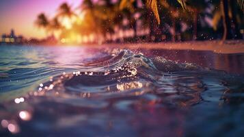 ai généré plage avec vagues et noix de coco des arbres à le coucher du soleil. génératif ai photo