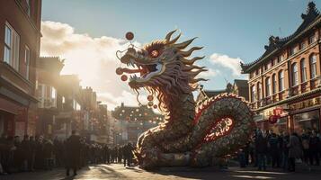 ai généré chinois dragon en dessous de une brillant ciel. ai généré photo