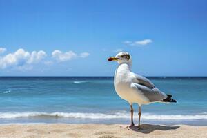 ai généré mouette sur le plage en dessous de bleu ciel. photo