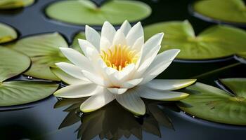 ai généré blanc l'eau lis. blanc lotus avec feuilles sur foncé étang. ai généré photo