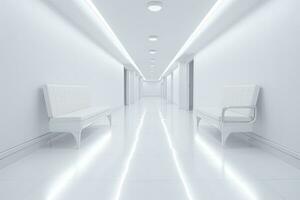 ai généré intérieur conception de une moderne luxueux blanc bâtiment couloir ou couloir avec attendre siège. ai généré photo