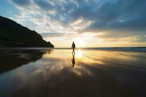 ai généré une la personne en marchant sur le plage à le coucher du soleil. ai généré. photo