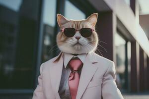 ai généré une chat est portant des lunettes de soleil, costume et permanent sur rue. ai généré photo