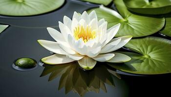 ai généré blanc l'eau lis. blanc lotus avec feuilles sur foncé étang. ai généré photo