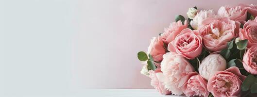 ai généré Frais bouquet de rose pivoines et des roses avec copie espace. ai généré photo
