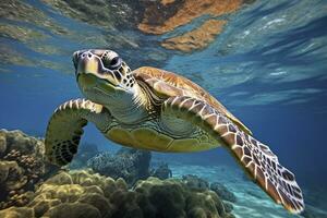 ai généré vert tortue à le eau de mer. ai généré photo