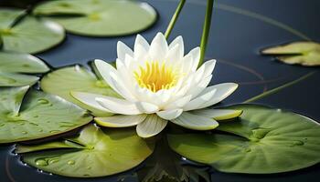 ai généré blanc l'eau lis. blanc lotus avec feuilles sur foncé étang. ai généré photo