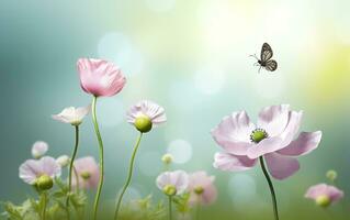 ai généré Frais printemps Matin sur la nature et flottant papillons sur une doux vert Contexte. génératif ai photo