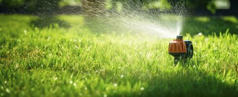 ai généré automatique jardin pelouse arroseur dans action arrosage herbe. ai généré photo