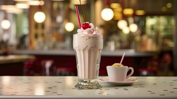 ai généré Cerise Milk-shake dans une classique américain le dîner. nourriture la photographie concept. génératif ai photo