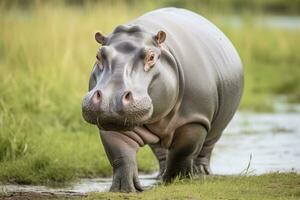 ai généré hippopotame en marchant dans une vert champ. ai généré photo