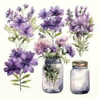 ai généré collection de aquarelle le maçon pots avec violet fleurs clipart. ai généré photo
