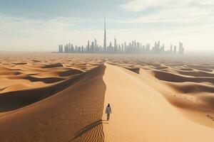 ai généré arabe homme avec traditionnel émirats vêtements en marchant dans le désert et Dubai horizon dans le Contexte photo