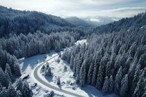 ai généré Haut aérien vue de neige Montagne paysage avec des arbres et route photo