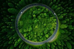 ai généré rond point dans le milieu de une forêt circulaire route entouré par des arbres photo