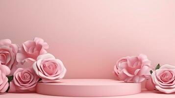 ai généré 3d rendu abstrait vide afficher rose podium avec fleurs minimal scène pour produit afficher présentation photo