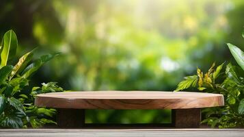 ai généré en bois produit afficher podium avec flou la nature feuilles Contexte minimal scène pour produit afficher présentation photo