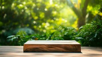 ai généré en bois produit afficher podium avec flou la nature feuilles Contexte minimal scène pour produit afficher présentation photo