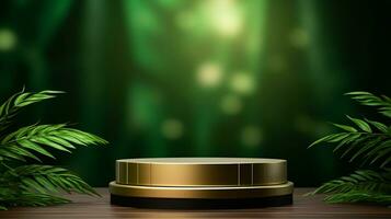 ai généré 3d rendu vide afficher élégant luxe vert et or thème podium avec feuilles minimal scène pour produit afficher présentation photo