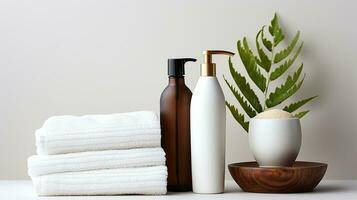 ai généré magnifique spa et produits de beauté des produits composition sur en bois table Naturel cosmétique des produits présentation beauté, bien-être, corps se soucier spa concept. photo