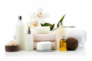 ai généré composition avec conteneurs de corps se soucier et beauté des produits. éco produits de beauté. photo