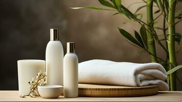 ai généré magnifique spa et produits de beauté des produits composition sur en bois table Naturel cosmétique des produits présentation beauté, bien-être, corps se soucier spa concept. photo