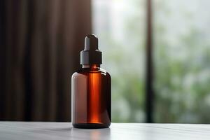 ai généré ambre verre cosmétique compte-gouttes bouteille avec noir couvercle sur une Naturel flou Contexte . soin de la peau des produits , Naturel cosmétique. beauté bien-être produit pour visage et corps se soucier photo