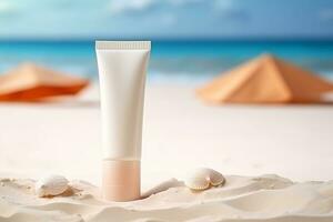 ai généré vide cosmétique peau se soucier crème ou Soleil bloquer sur le sable plage avec mer côté Contexte Voyage vacances accessoire photo