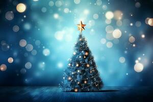 ai généré magnifique de fête Noël neigeux Contexte. Noël arbre décoré avec des balles , bannière format, copie espace photo