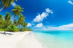 ai généré panorama de tropical plage avec noix de coco paume des arbres photo